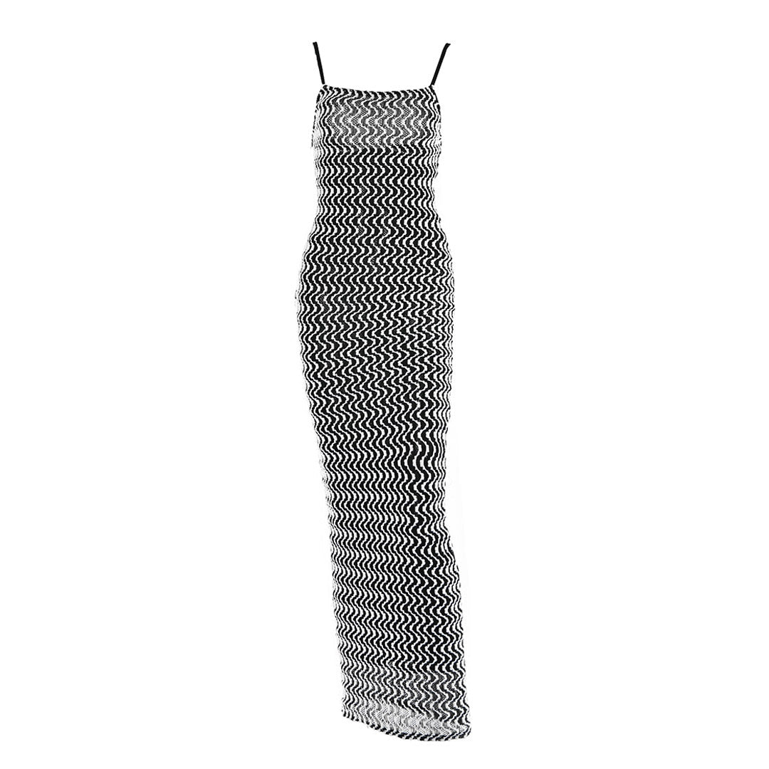 Black and white chevron print maxi dress with spaghetti straps.