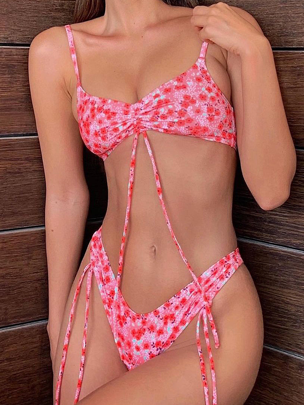Pink floral print bikini set with ruched bust and adjustable ties