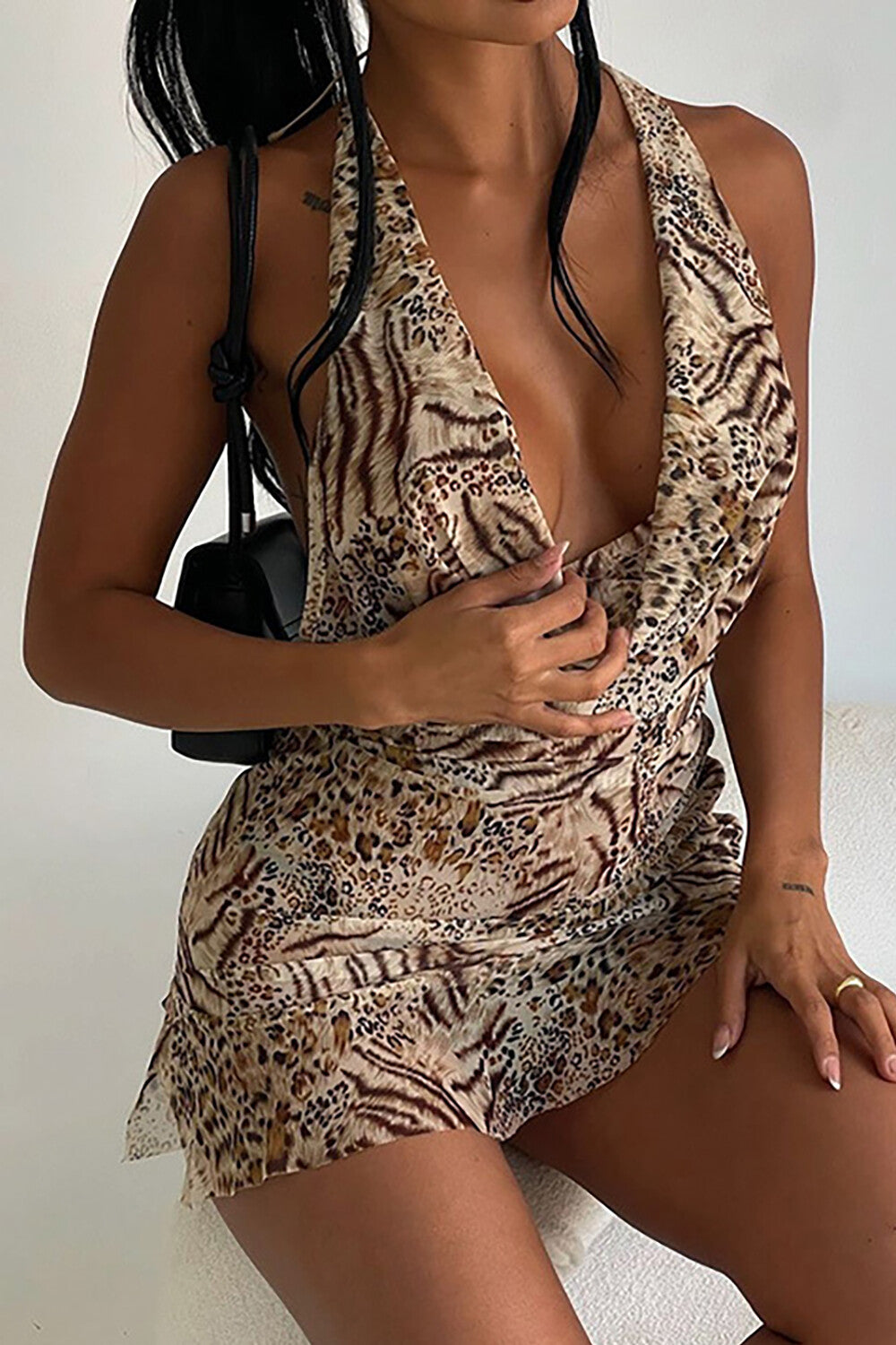 Ruched mini dress with cowl neckline and halter strap - View 6 | Lwiis