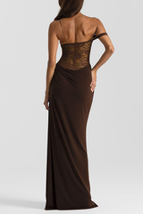 Back view of a woman in a dark brown off-the-shoulder dress with a lace bodice and a draped skirt, showcasing thin spaghetti straps.