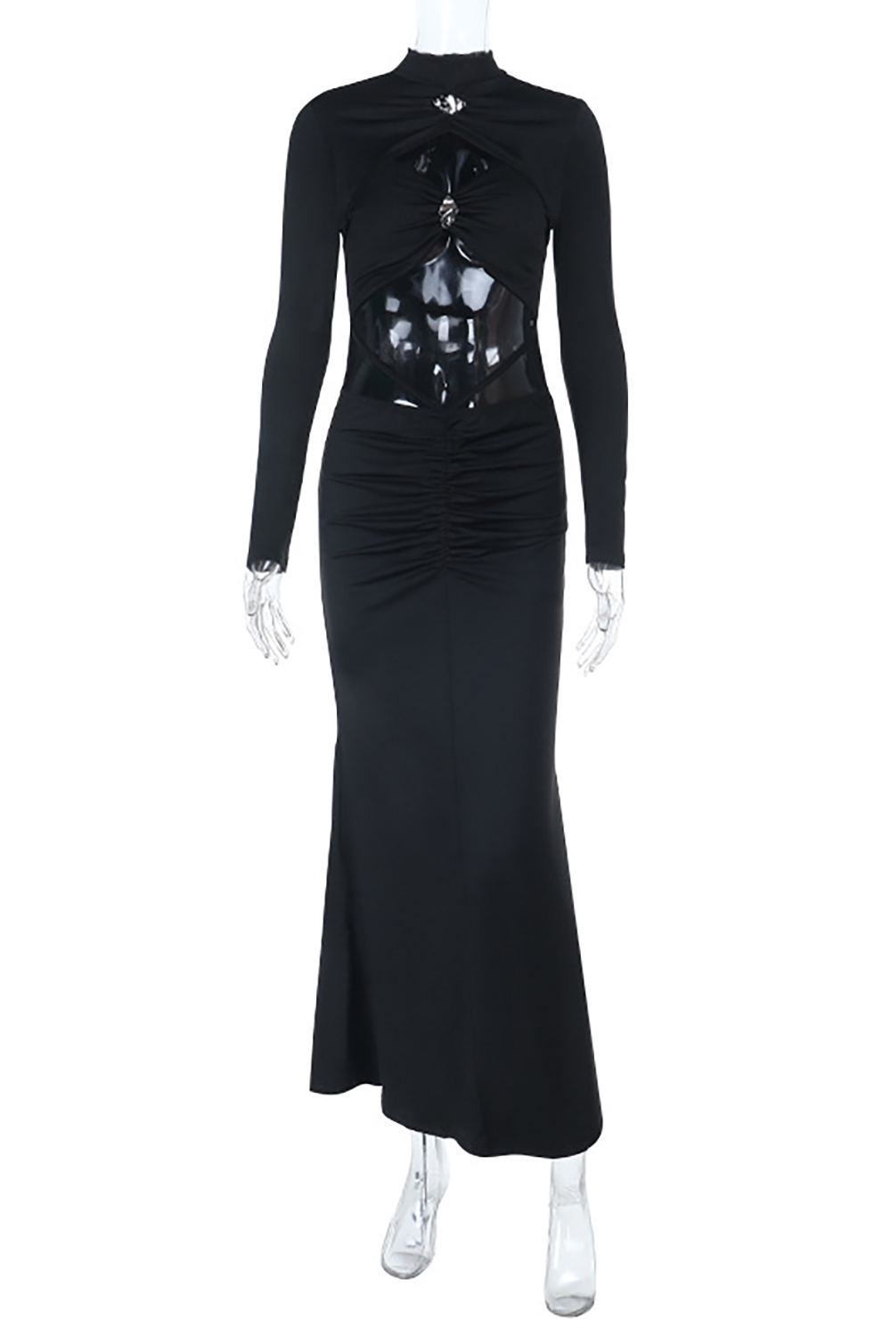 Mannequin wearing a long-sleeved black dress with cut-out details and a ruched waist