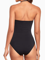 Back view of black strapless one-piece swimsuit