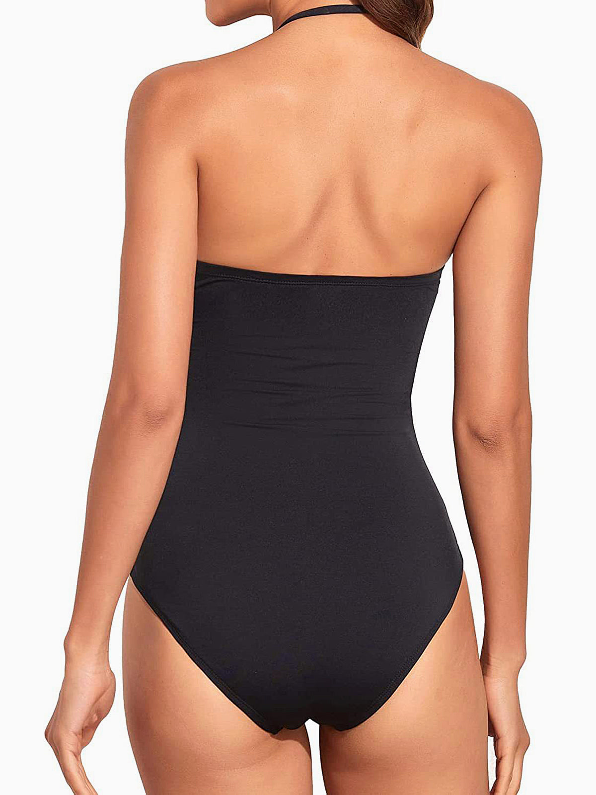 Back view of black strapless one-piece swimsuit