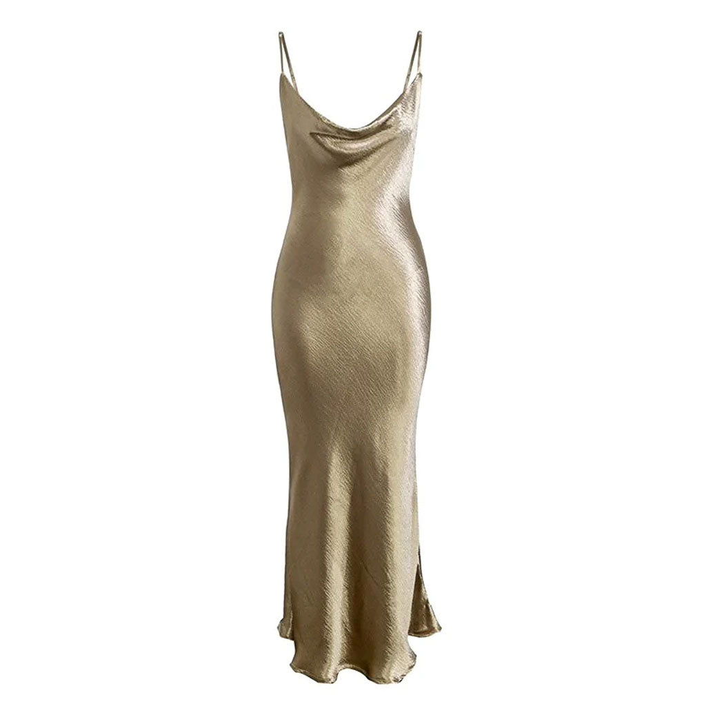 Gold satin slip dress laid flat against a white background