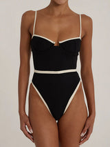 Front view of a black one-piece swimsuit with contrast trim and high-cut legs.