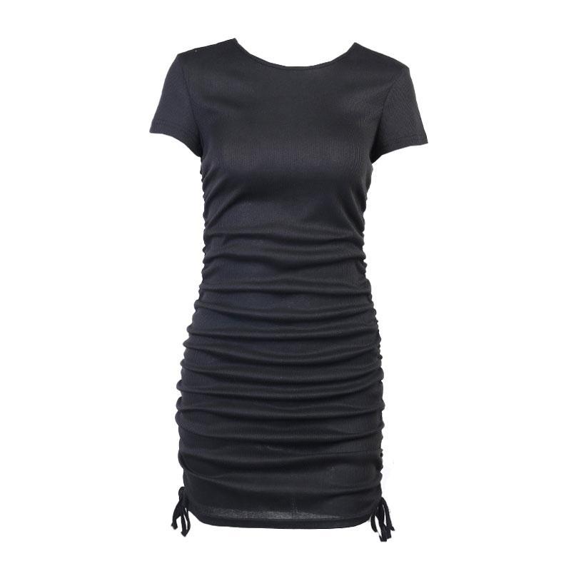 Black short-sleeve ruched bodycon dress with drawstring hem, front view.