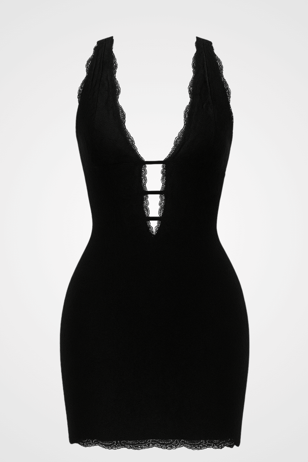 Black lace-trimmed plunging halter dress with cutout detail