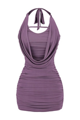 purple ruched halter neck bodycon dress