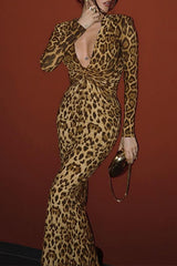Tiefer V-Ausschnitt Langarm Leopard Print Bodycon Maxikleider - Hellbraun