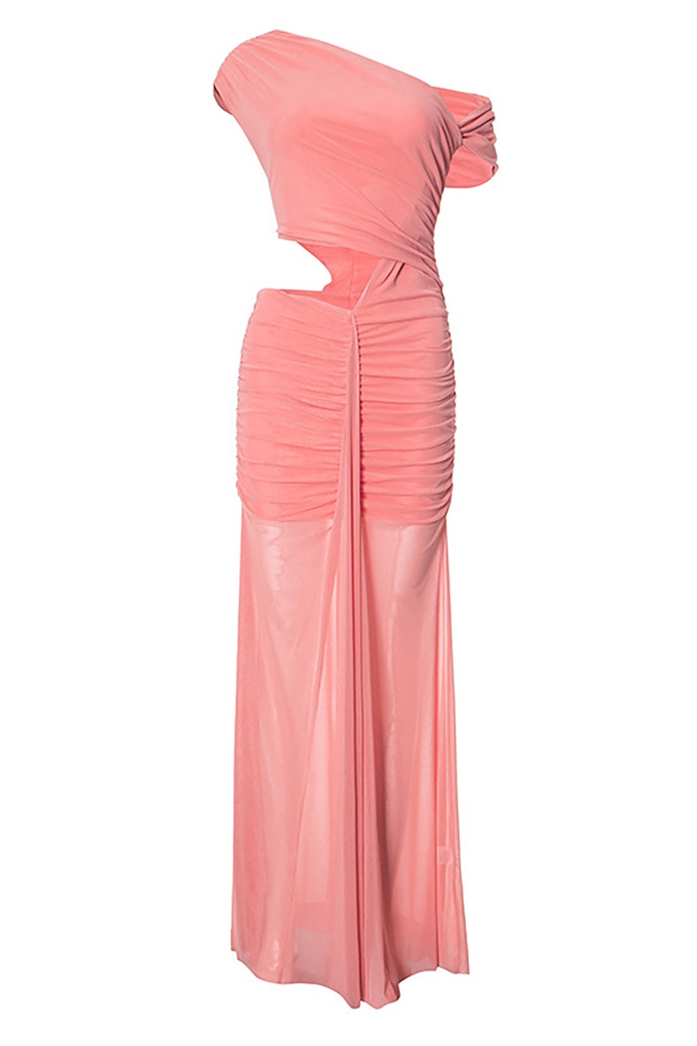 Maxikleid mit schrägem Ausschnitt, Taillenausschnitt, Raffungen, schmaler Passform und transparentem Saum – Rosa