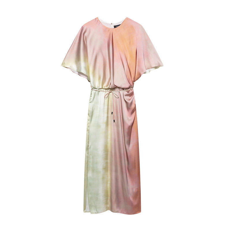 pink, yellow, and green ombre satin midi dress with batwing sleeves and a tie waist, shown front view