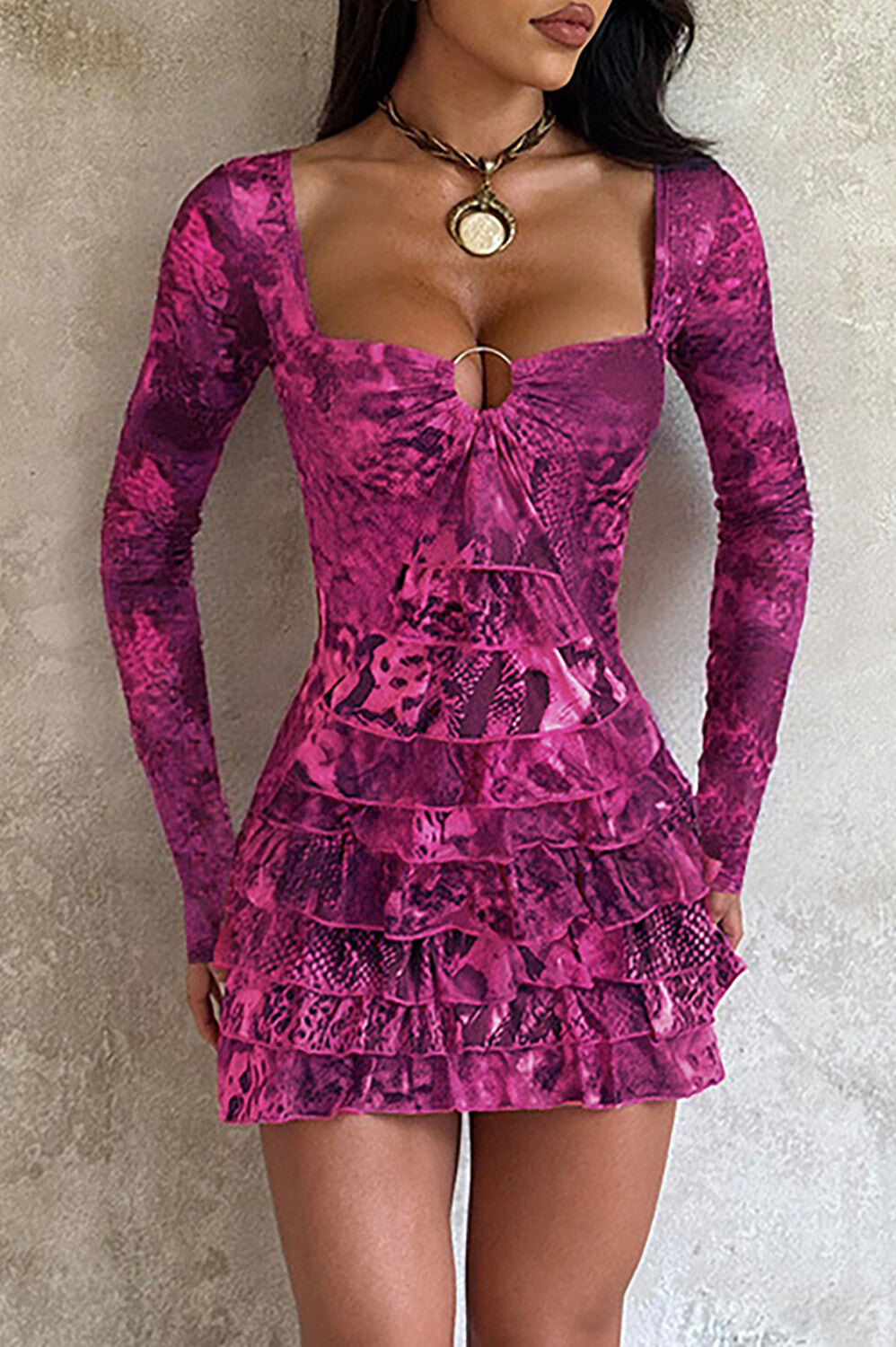 Long sleeve mini dress with irregular neckline and layered ruffles - View 9 | Lwiis