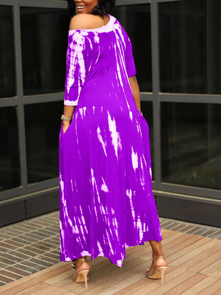 Tie dye print maxi dress with off-the-shoulder neckline and asymmetrical hem - View 14 | Lwiis