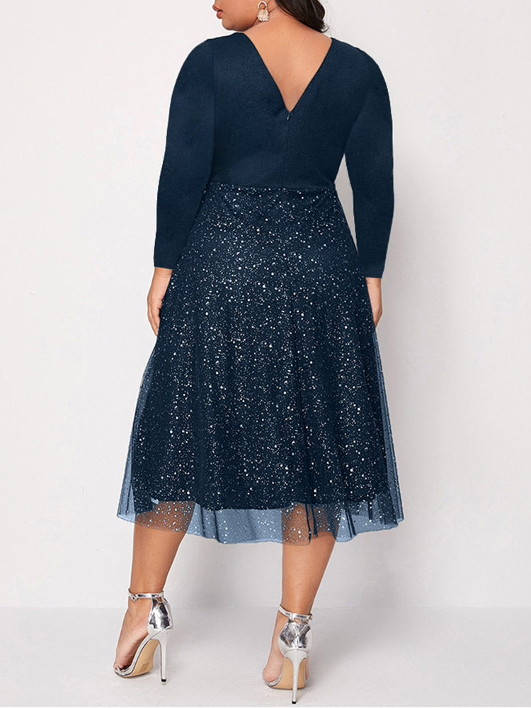 Plus size navy v-neck long sleeve sparkle midi dress back view