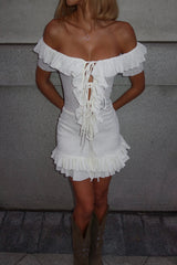 Ruffled Tie-Up Off-Shoulder Knit Mini Dress - View 6 | Lwiis