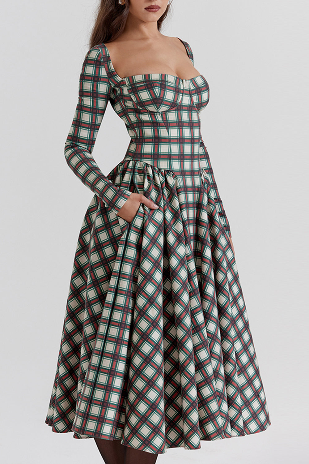 Plaid Pattern Long Sleeve Corset A - Line Pleated Midi Dress - View 7 | Lwiis