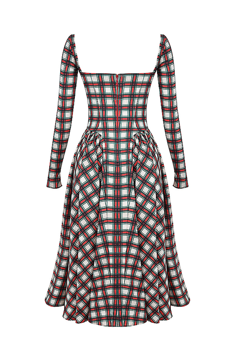 Plaid Pattern Long Sleeve Corset A - Line Pleated Midi Dress - View 9 | Lwiis