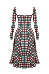 Plaid Pattern Long Sleeve Corset A - Line Pleated Midi Dress - View 9 | Lwiis