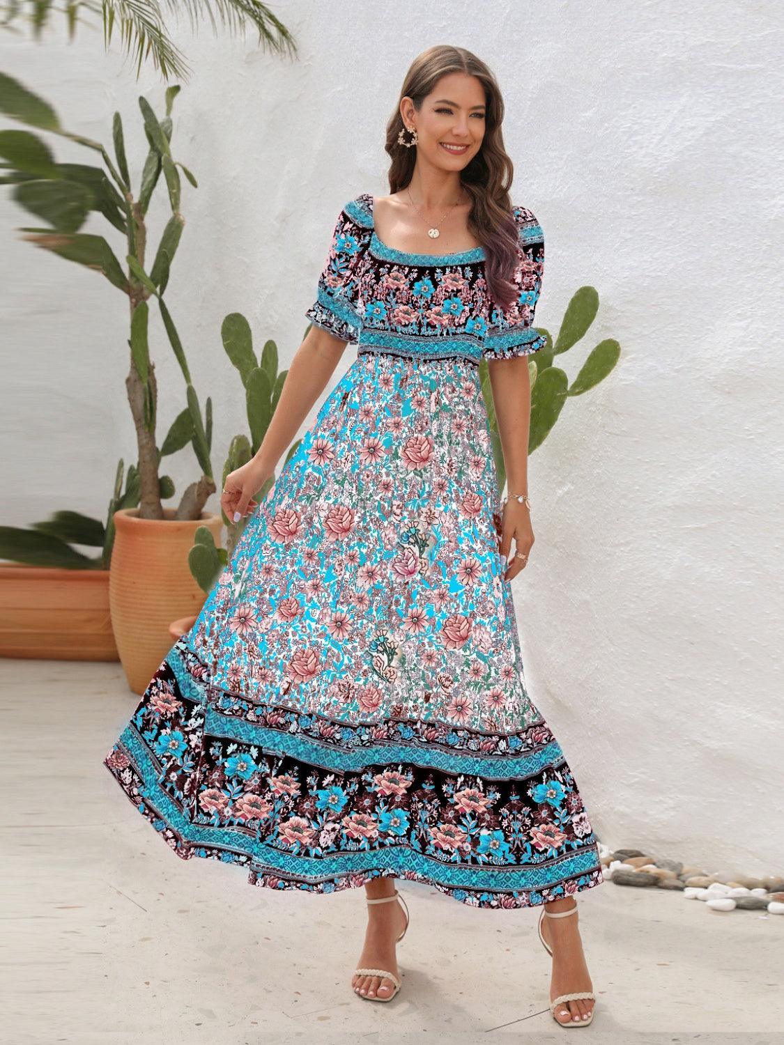 Floral Puff Sleeve Midi Dress - View 11 | Lwiis