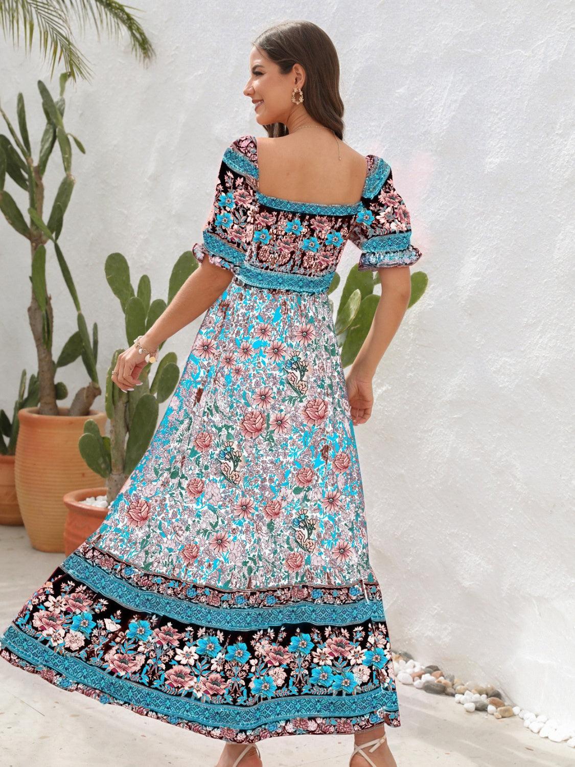 Floral Puff Sleeve Midi Dress - View 12 | Lwiis