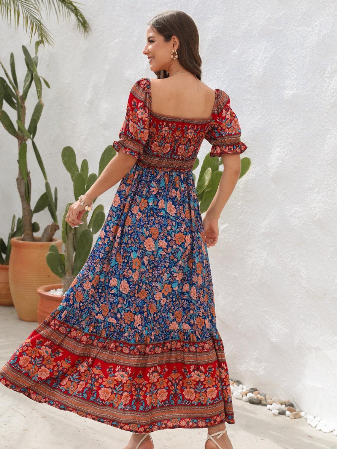 Floral Puff Sleeve Midi Dress - View 16 | Lwiis