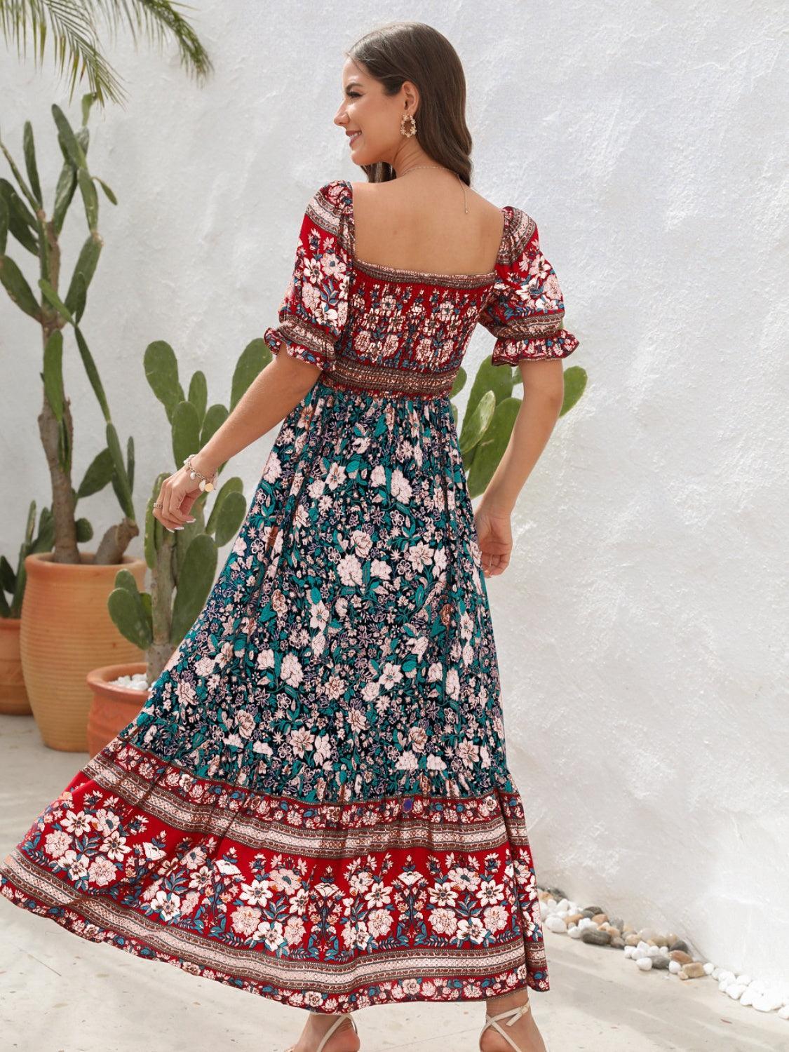 Floral Puff Sleeve Midi Dress - View 6 | Lwiis