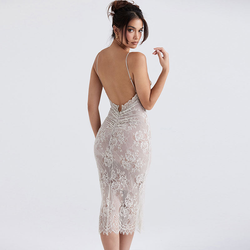 Close-up of the satin lining and lace trim of a dress