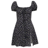 black floral print mini dress with puff sleeves, square neckline, and thigh slit