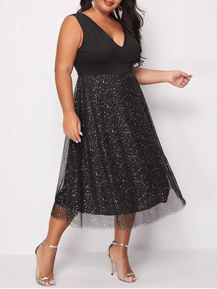 Contrast Mesh V-Neck Midi Dress - View 10 | Lwiis