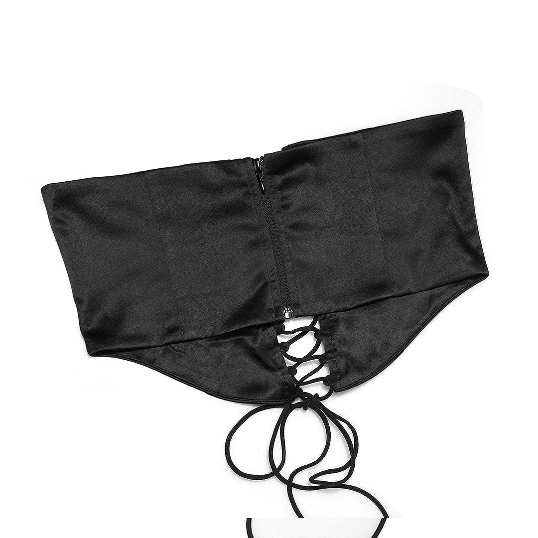 black satin corset with lace-up detailing
