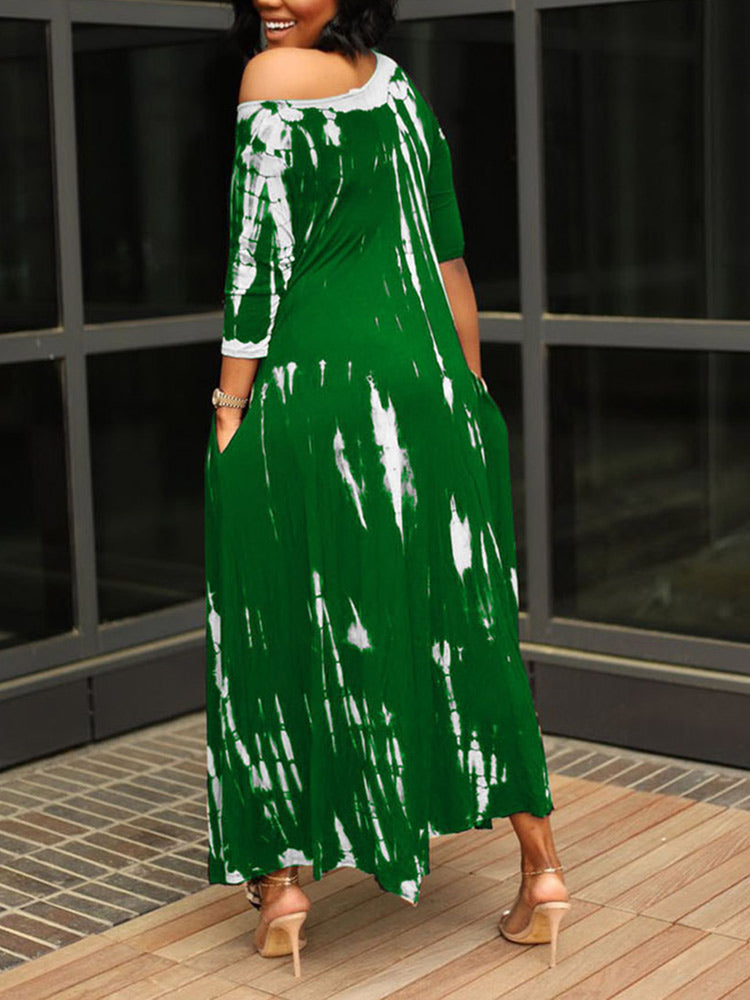Tie dye print maxi dress with off-the-shoulder neckline and asymmetrical hem - View 10 | Lwiis