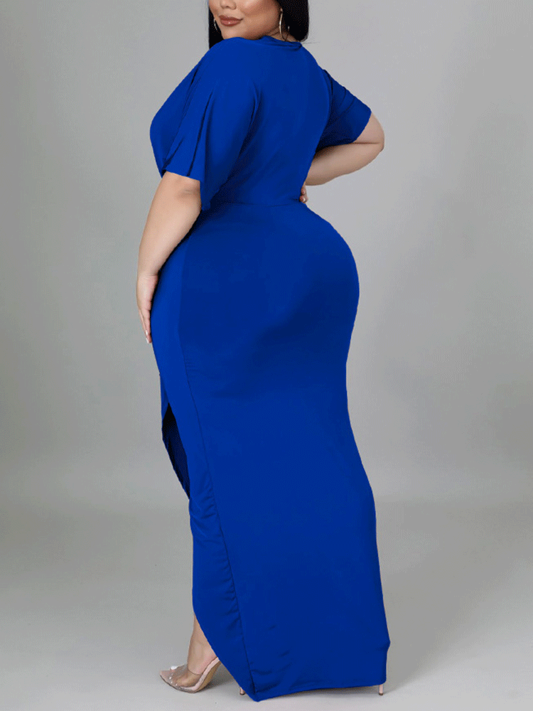 V-neck maxi dress with draped detailing and high slit - View 7 | Lwiis