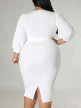 Solid V-Neck Midi Dress - View 7 | Lwiis