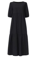 Cotton blend midi dress with puff sleeves - View 11 | Lwiis