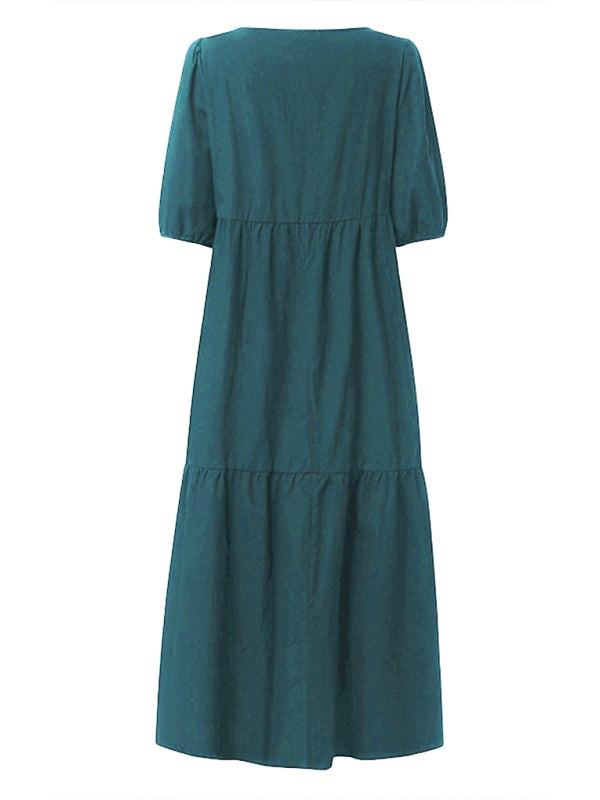Cotton blend midi dress with puff sleeves - View 8 | Lwiis
