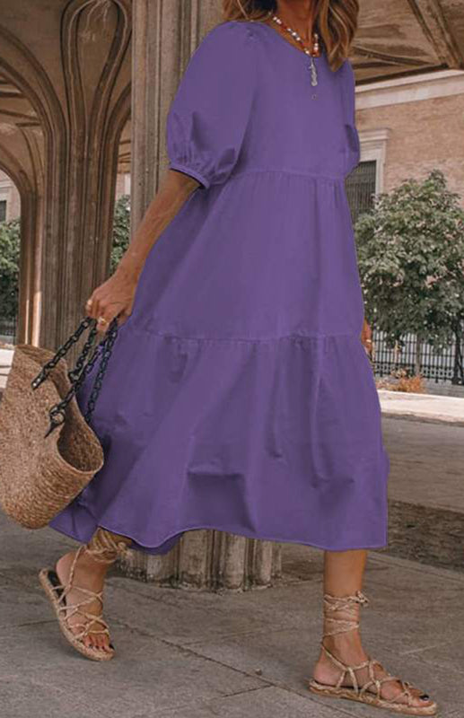 Cotton blend midi dress with puff sleeves - View 16 | Lwiis