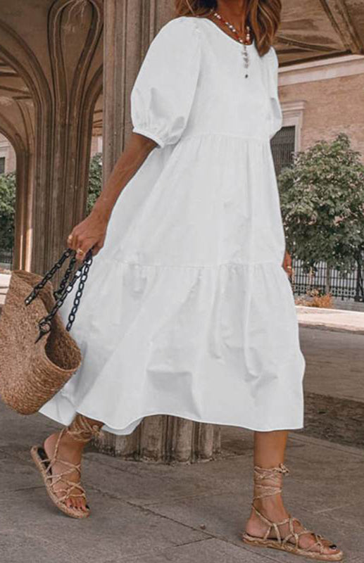 Cotton blend midi dress with puff sleeves - View 13 | Lwiis