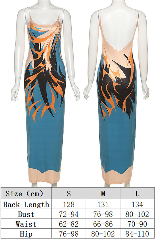 Blue abstract print satin maxi dress with spaghetti straps - View 6 | Lwiis
