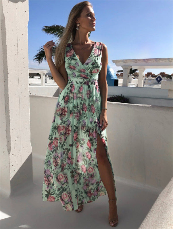 Elegant floral print chiffon maxi dress with V-neck and high slit - View 9 | Lwiis