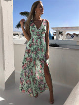 Elegant floral print chiffon maxi dress with V-neck and high slit - View 9 | Lwiis