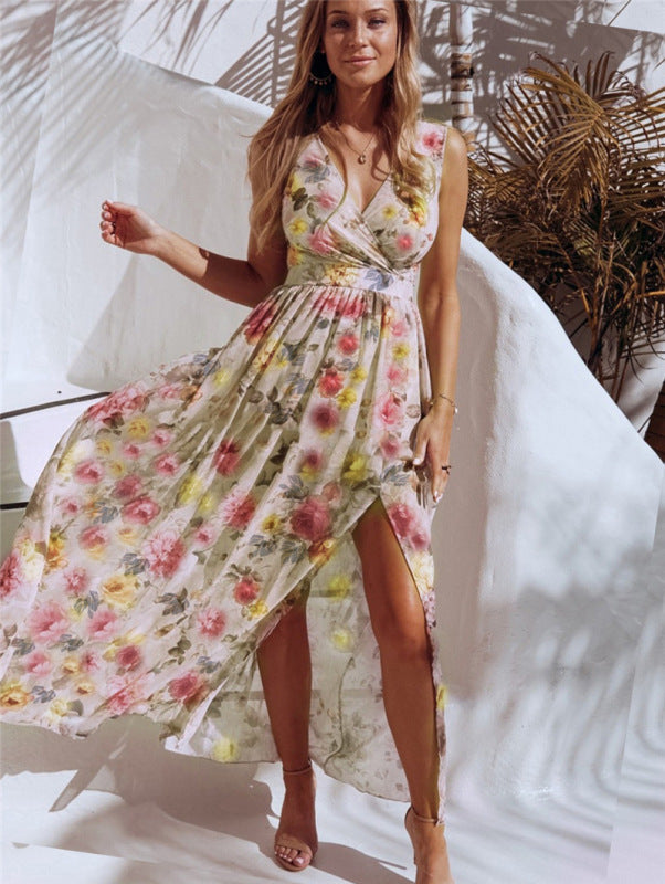 Elegant floral print chiffon maxi dress with V-neck and high slit - View 11 | Lwiis