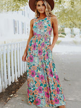 Close-up of the floral print on a sleeveless maxi dress