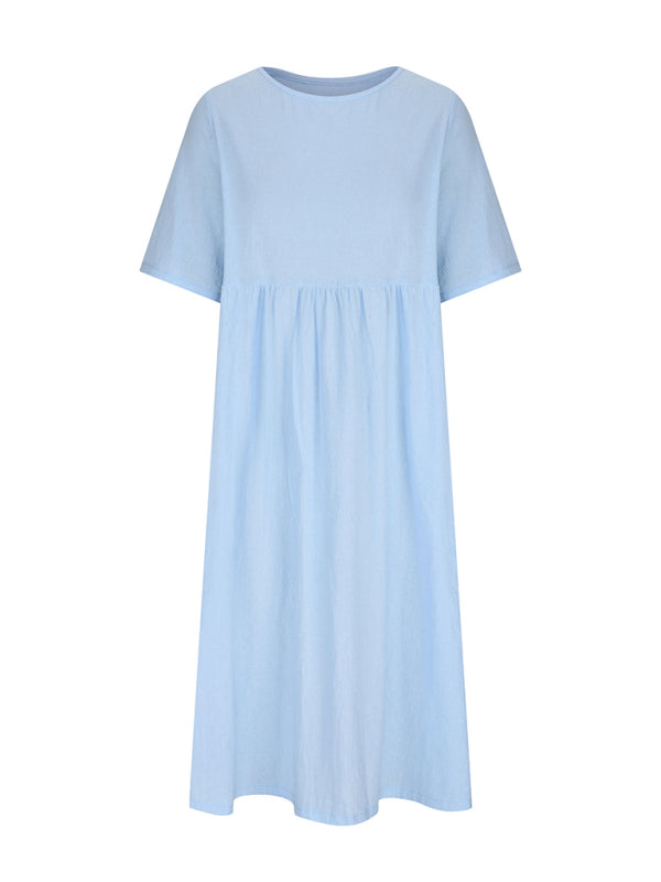 light blue midi dress with short sleeves and a round neckline, front view