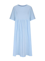 light blue midi dress with short sleeves and a round neckline, front view