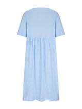 light blue midi dress with short sleeves and a round neckline, back view