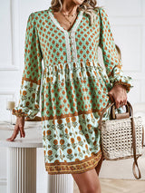 Bohemian floral print midi dress with tiered skirt and bell sleeves - View 14 | Lwiis
