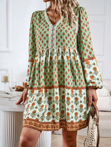 Bohemian floral print midi dress with tiered skirt and bell sleeves - View 17 | Lwiis