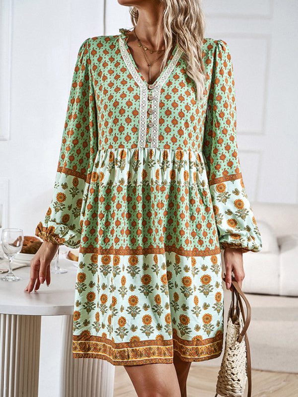 Bohemian floral print midi dress with tiered skirt and bell sleeves - View 15 | Lwiis