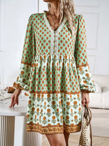 Bohemian floral print midi dress with tiered skirt and bell sleeves - View 15 | Lwiis