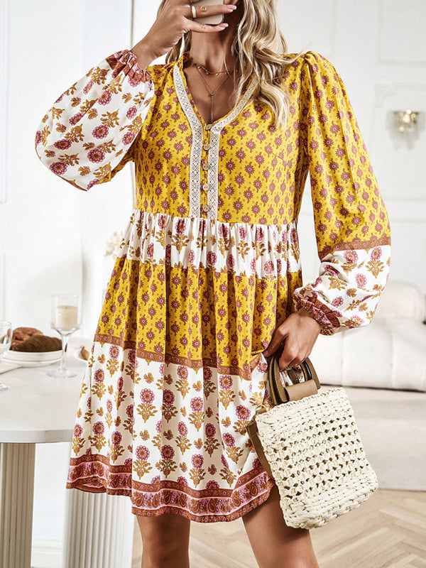 Bohemian floral print midi dress with tiered skirt and bell sleeves - View 18 | Lwiis